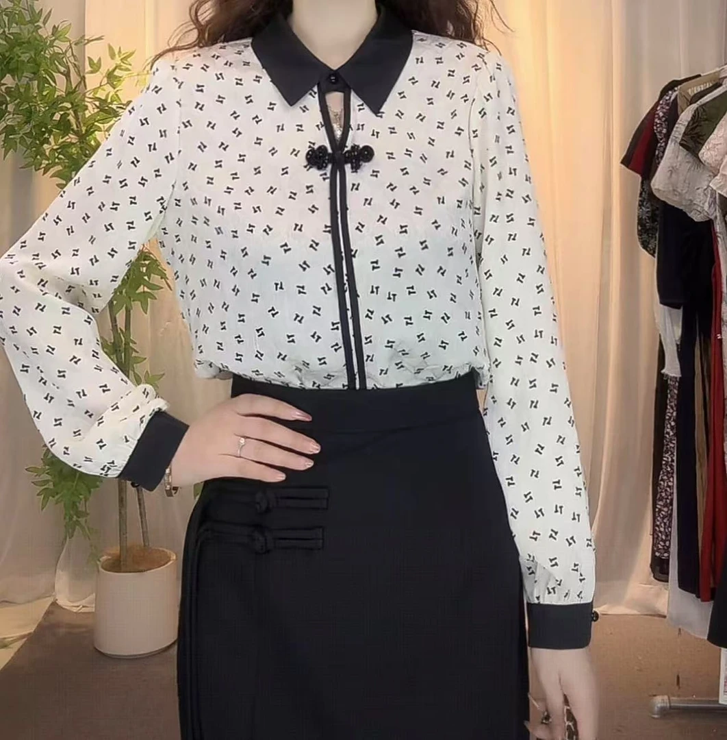S3035时尚洋气长袖气质百搭网红薄款春季衬衫上衣黑色白色印花