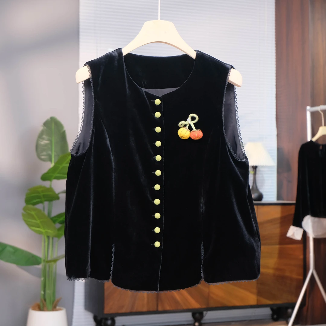 真丝丝绒马甲女秋季新款圆领百搭显瘦气质设计感花边桑蚕丝外套