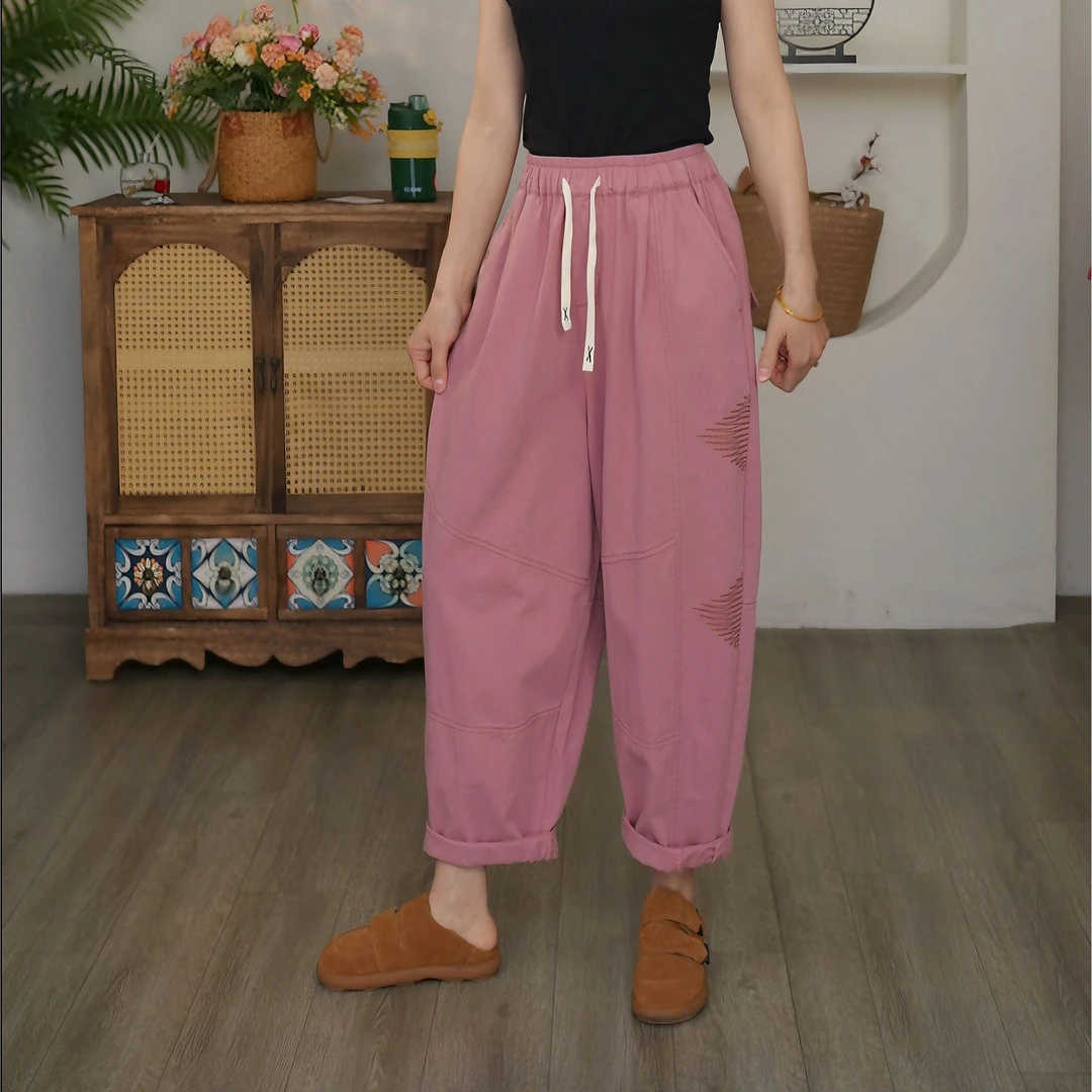 2025夏装新款明线刺绣全棉哈伦裤高腰时尚百搭复古松紧腰休闲裤女