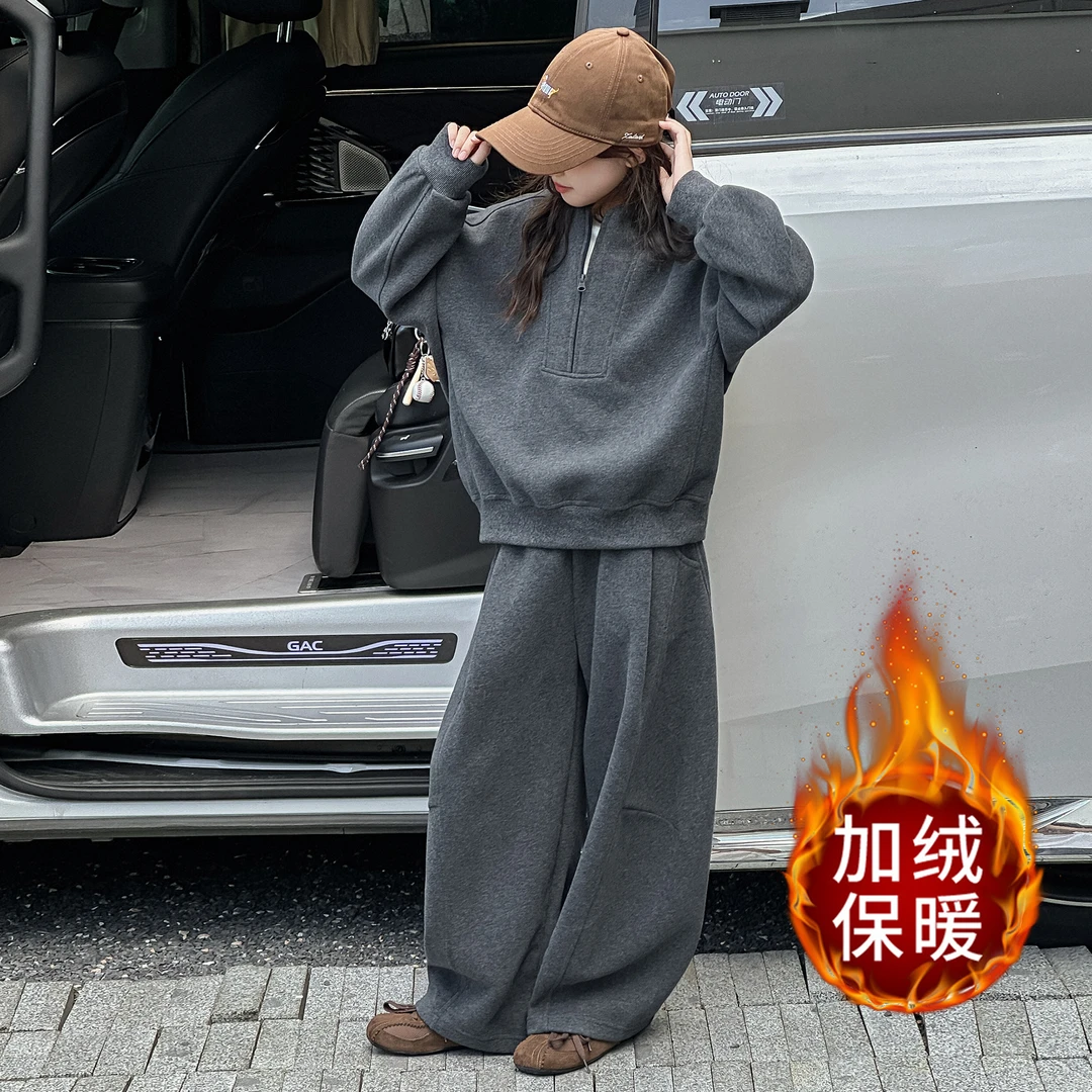 女中大童加绒加厚秋冬套装2025新款童装儿童冬季卫衣套头两件套潮