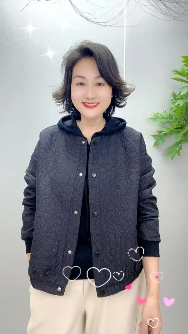 初春新款暗纹休闲外套圆领时尚宽松简约外套