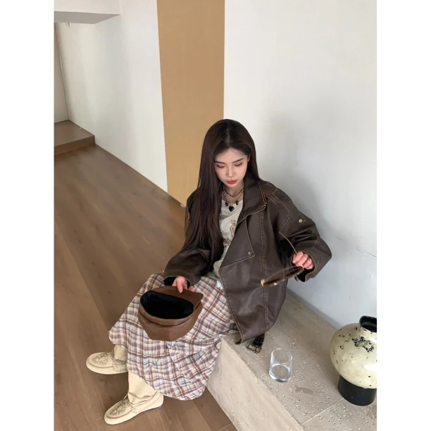 【赵小小&年度皮衣 实名推荐】7932 秋冬季新款复古翻领皮衣外套女