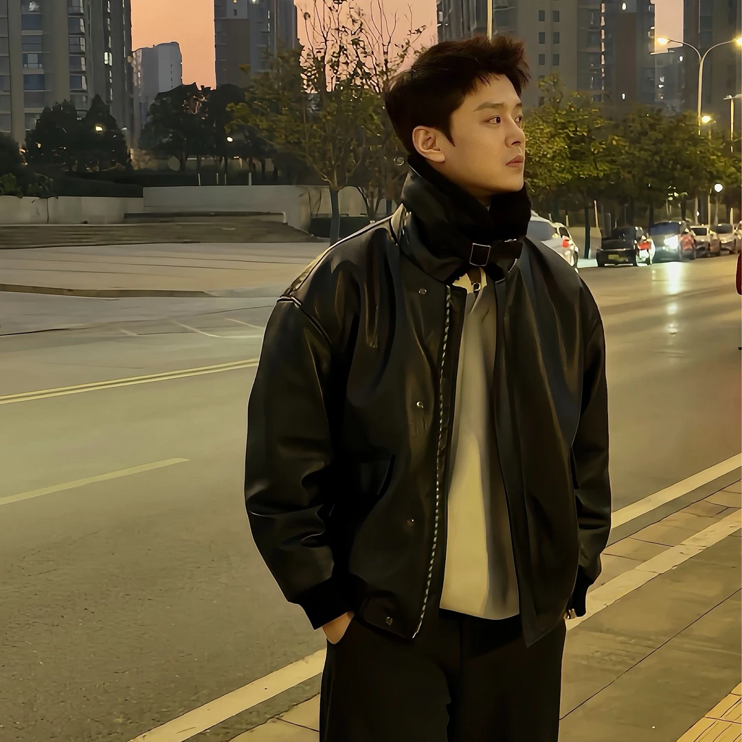 LANGGS&李雪岩 25冬季皮衣外套加绒加厚复古百搭夹克-FW54144