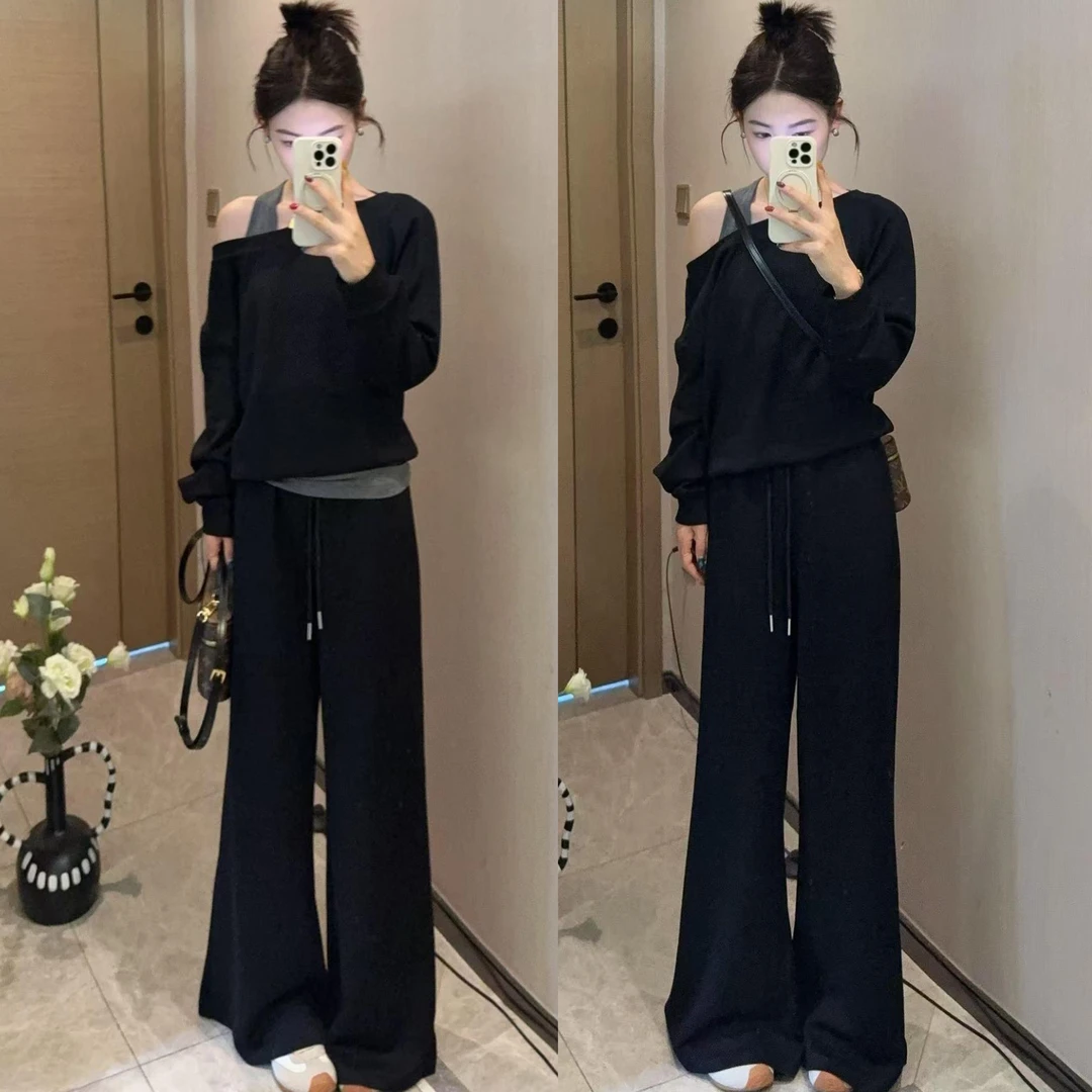 休闲减龄百搭2025年早秋季新品斜肩假两件卫衣直筒裤轻熟风两件套
