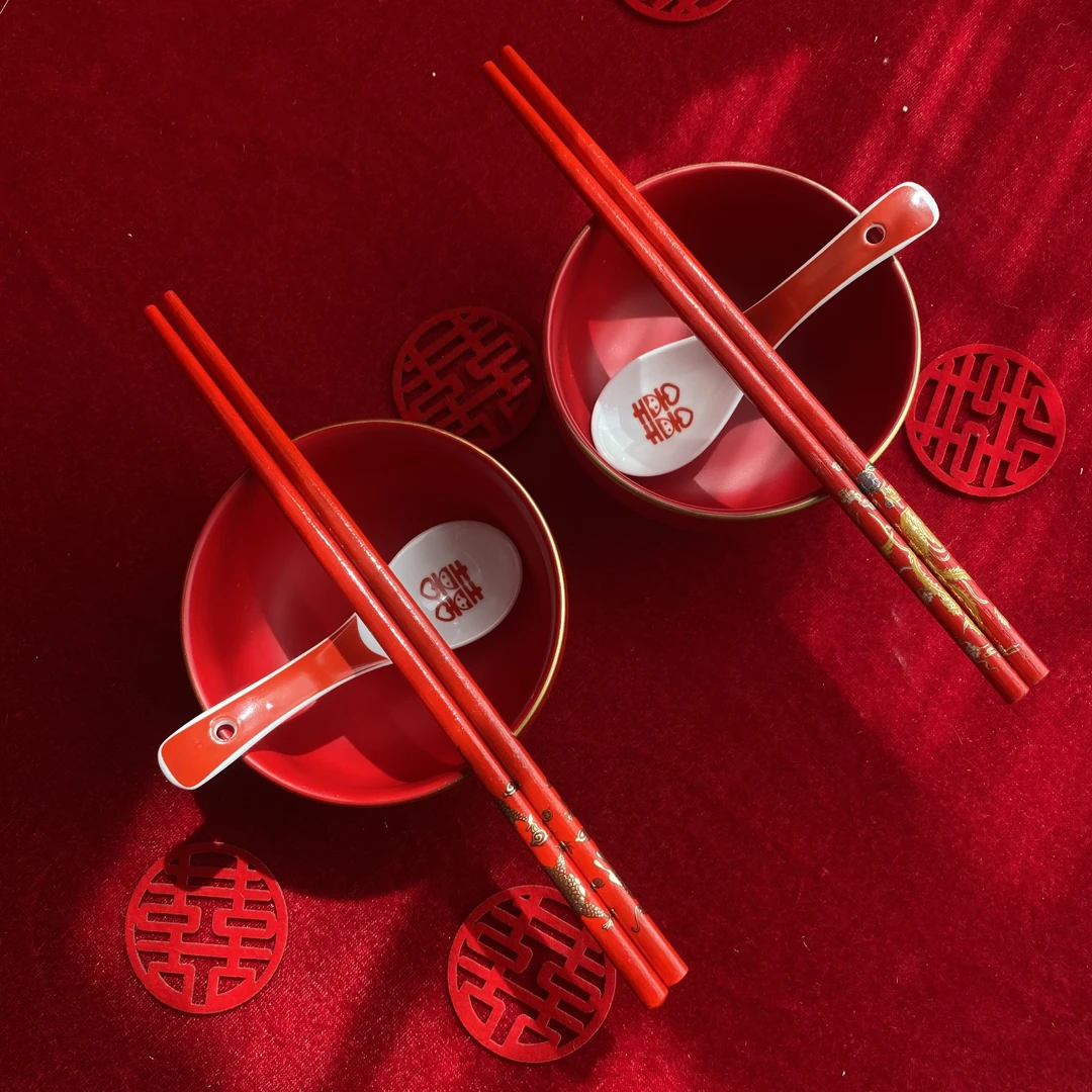 喜碗结婚对碗喜筷红色喜勺套装新人陪嫁用品一对婚碗结婚敬茶杯