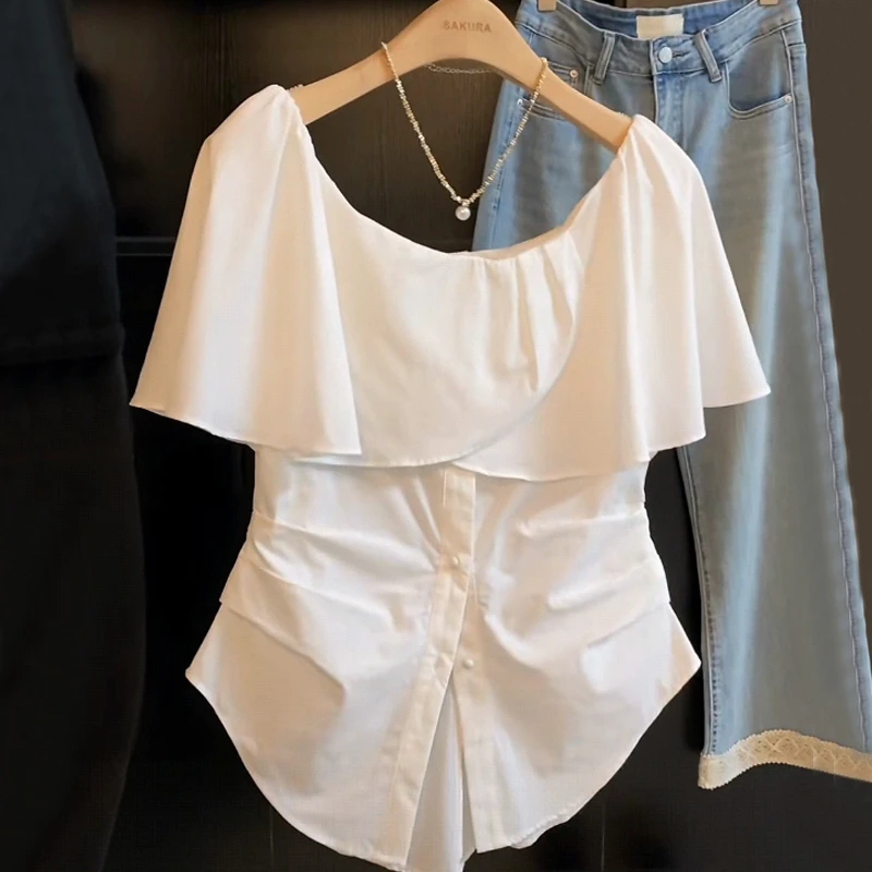 设计感百搭小众上衣女收腰短款时尚气质荷叶边一字肩衬衫显瘦性感