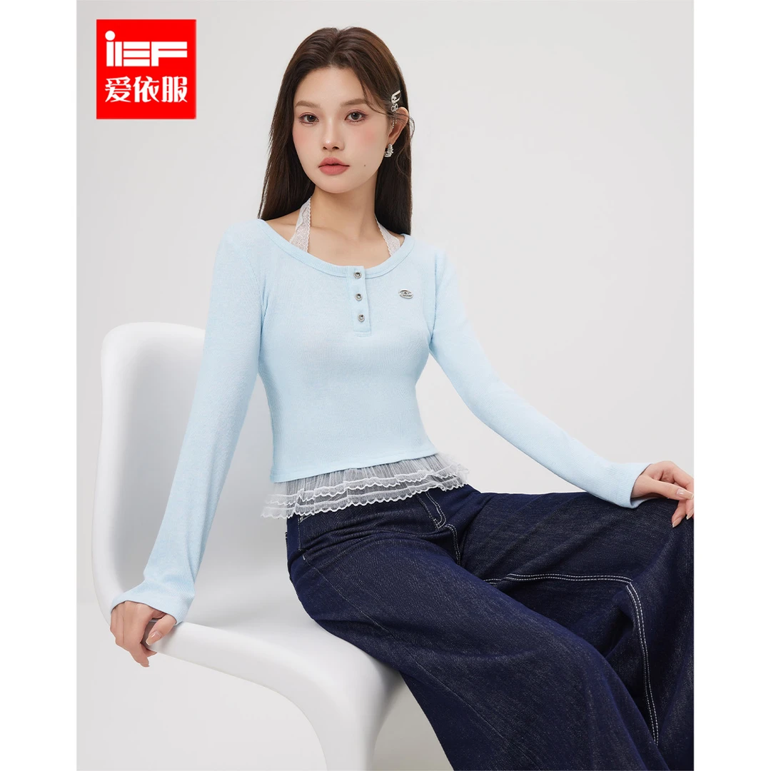 IEF/爱依服2025春季新款法式假俩件甜妹时尚挂脖花边显瘦百搭上衣