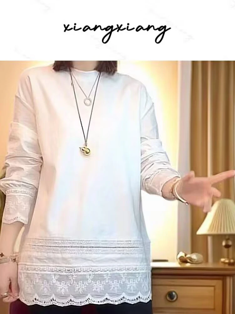 大码韩系设计感拼接蕾丝边白色长袖t恤女新款宽松中长款打底衫女
