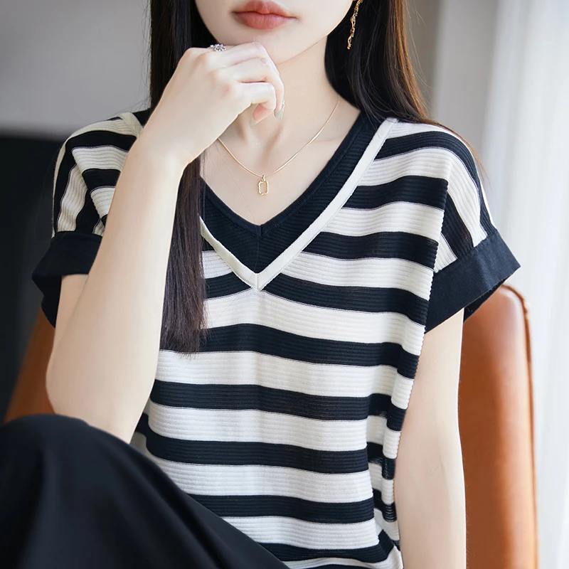 品牌短袖夏季套头款拼色V领百搭毛针织衫时尚宽松打底上衣洋气