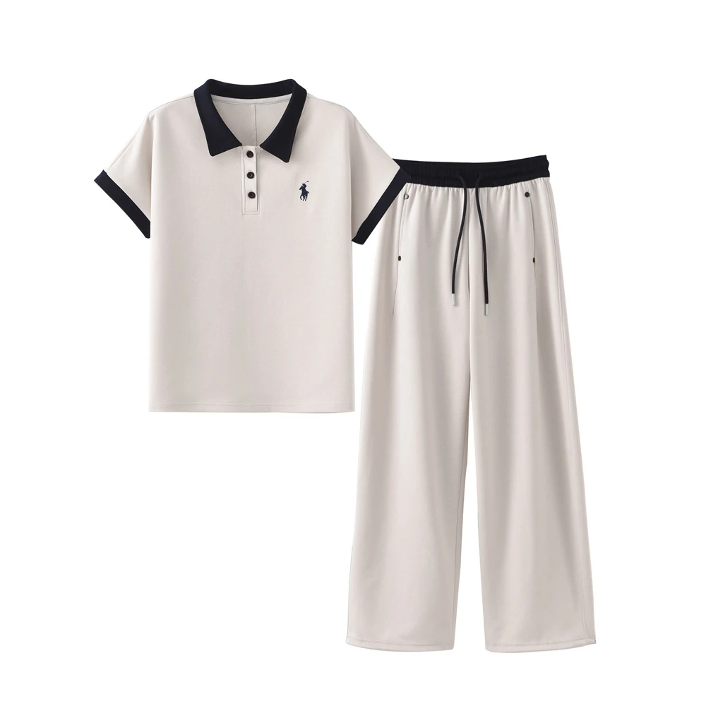 1548-5时尚短袖POLO领上衣+直筒裤两件套2025夏减龄洋气休闲套装