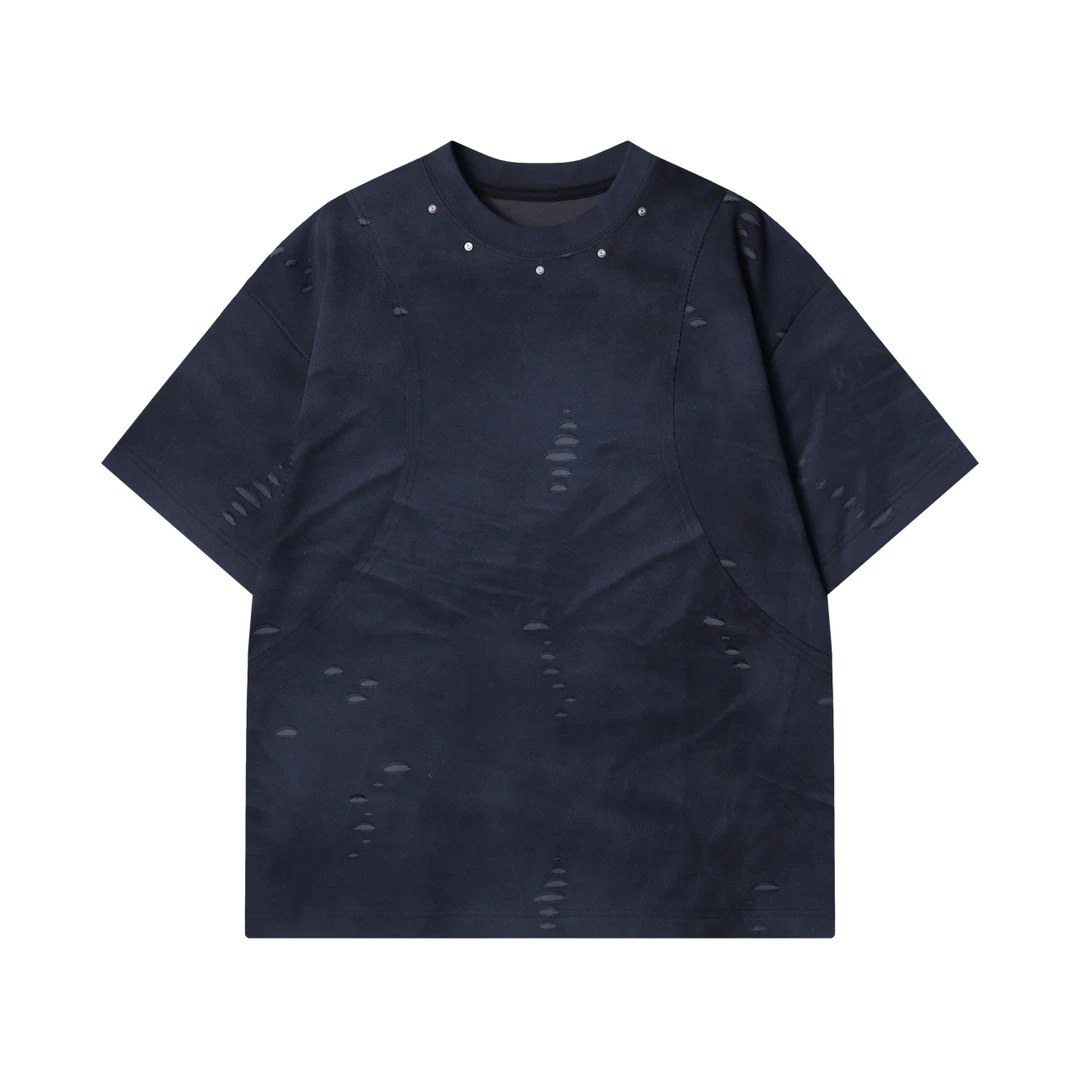 夏季高级感新款潮牌设计感铆钉解构破洞圆领短袖T恤宽松时尚上衣