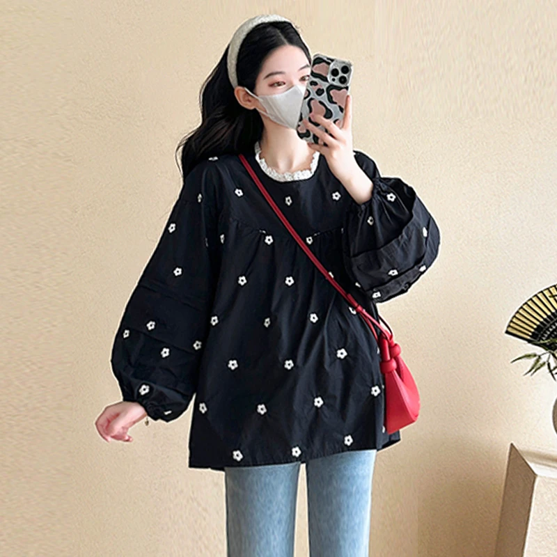 【伊伊】孕妇装2025春季新款时尚外穿韩版甜美宽松刺绣长袖衬衫