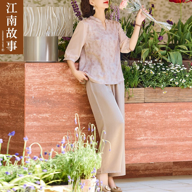 江南故事时尚休闲风中老年女装宽松春夏季复古裤子中国风套装