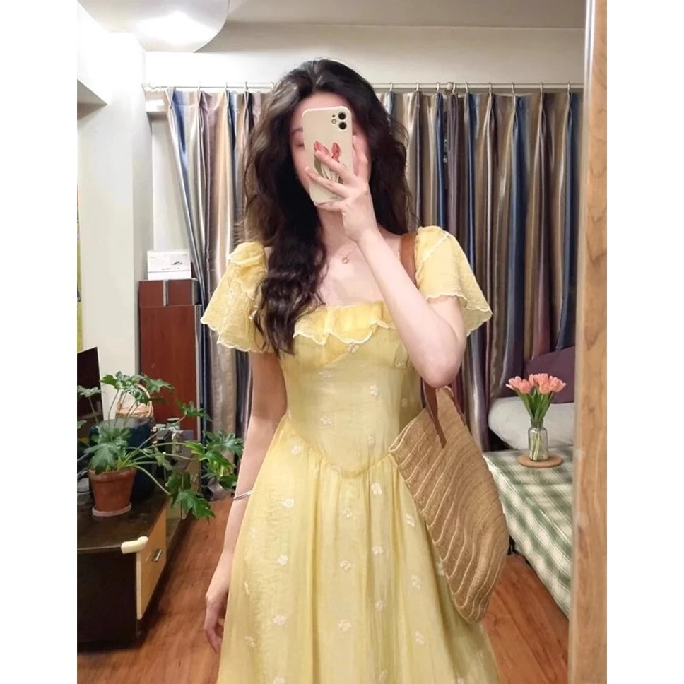 9908法式茶歇方领泡泡袖雪纺连衣裙女夏季新款胖mm气质淡黄色长裙