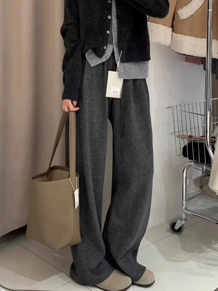 Hjie-【暖绒直筒裤】韩版秋冬高腰垂感宽松直筒休闲阔腿裤87215