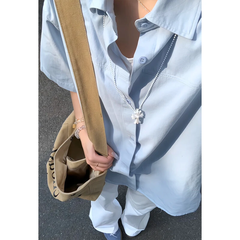 多巴胺纯棉夏季薄款凉感短袖衬衫ins潮高级感情侣小众半袖衬衣男