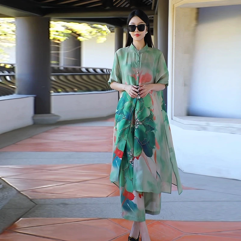 高端上档次女装25春夏印花时尚气质女套装宽松显瘦中国风两件套