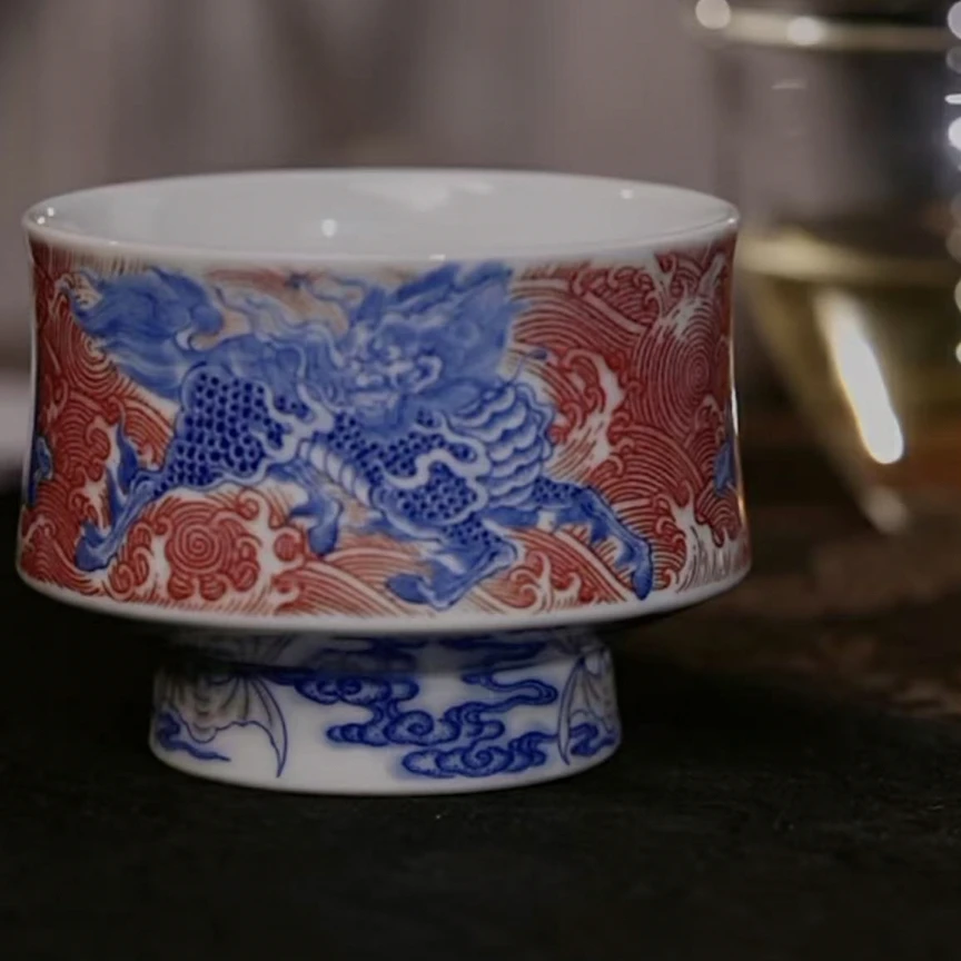 【黄老邪真选】游玉堂｜青花釉里红麒麟踏浪蝙蝠纹陶瓷景德镇主人杯