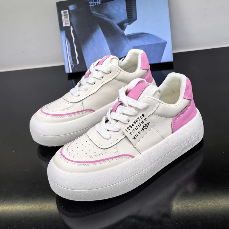 2025年新款INS潮真皮拼色柔软防滑透气圆头系带厚底百搭松糕鞋女