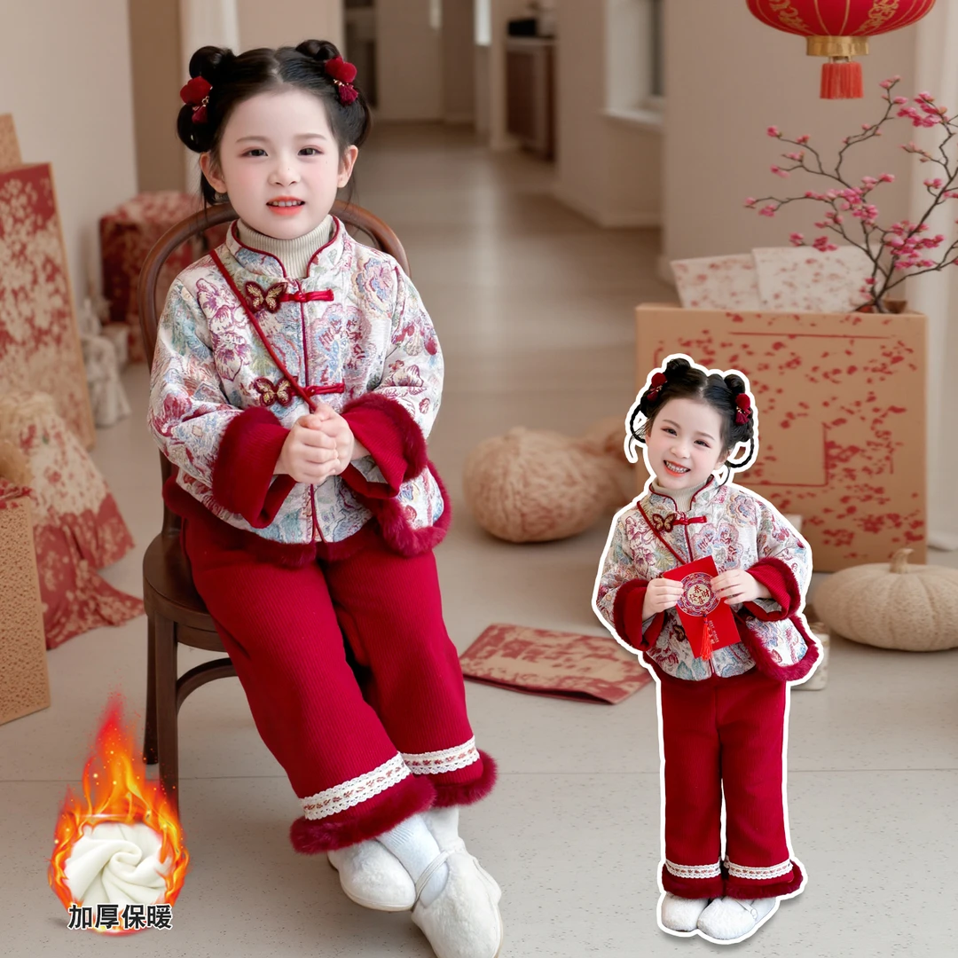 儿童新中式外套冬装2026新款长裤套装女宝宝蝴蝶扣年服演出服送包