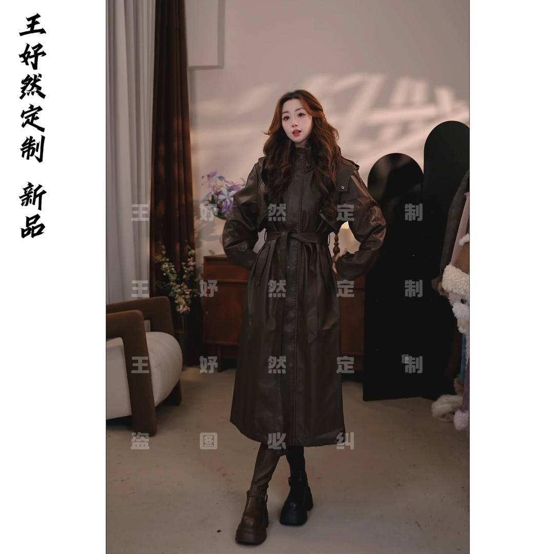 欧美风收腰风衣系带皮衣立领大衣长袖插肩袖宽松女