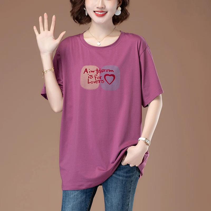 时尚大码中长款宽松型圆领常规中老年女装洋气夏季薄款宽松印花