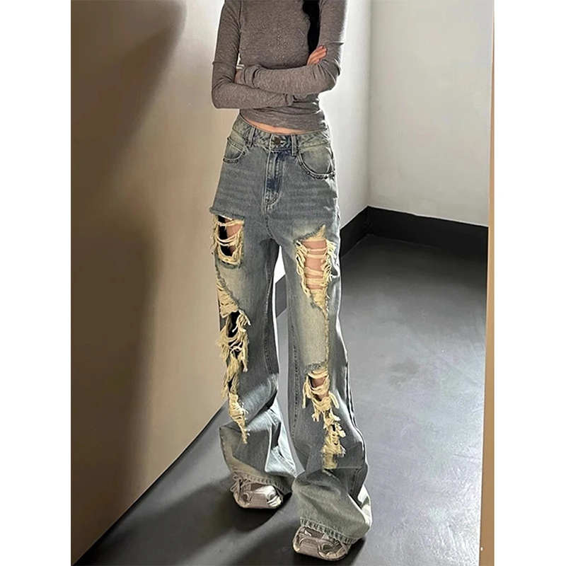 【免费试穿】破洞牛仔裤女夏季新款高腰宽松阔腿显瘦拖地裤女款