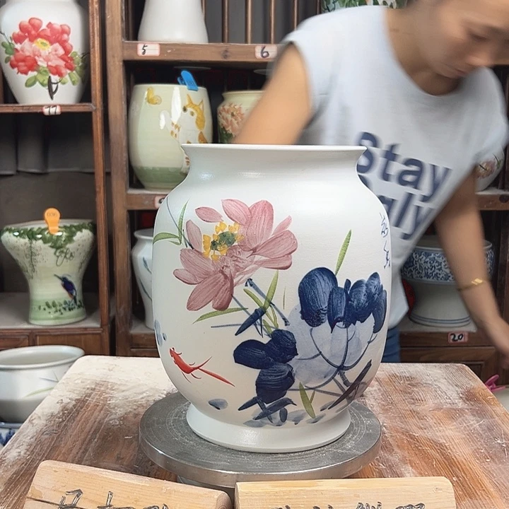 陶瓷冬瓜高27青花荷花新款新款陶瓷陶瓷