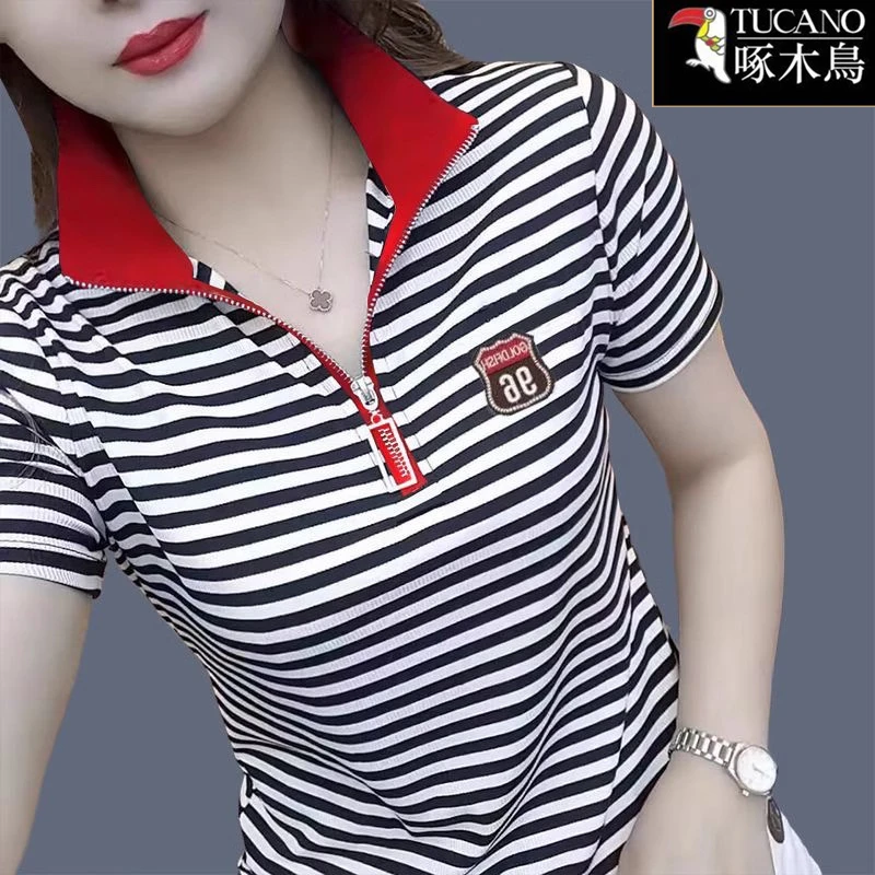 啄木鸟新款翻领条纹拼色小众T恤女2025夏季短袖显瘦时尚运动上衣