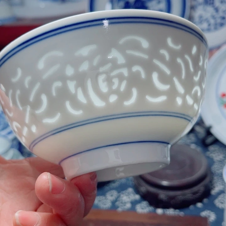 青花玲珑5寸饭碗满雕双福双线