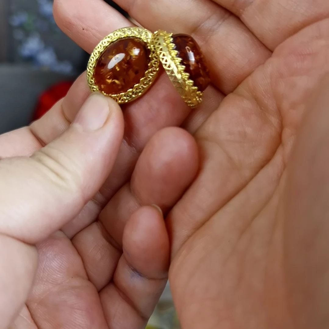 琥珀耳饰银S925镀金镶嵌