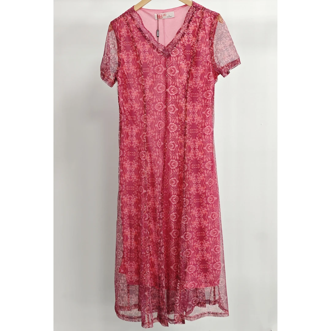 夏季新款短袖V领碎花收腰显瘦妈妈装连衣裙80623