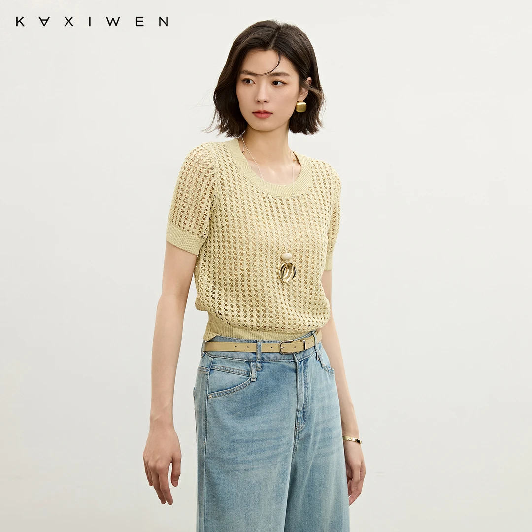 佧茜文简约镂空针织衫【夏新】时尚慵懒设计感圆领上衣女X03BZN2536