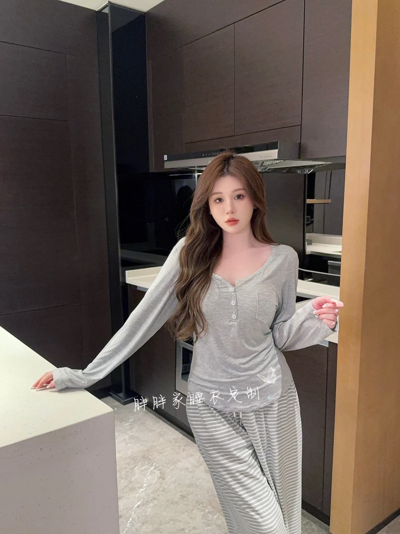 【极简主义】春秋纯欲风睡衣女带胸垫代尔棉显瘦条纹长裤长袖家居服