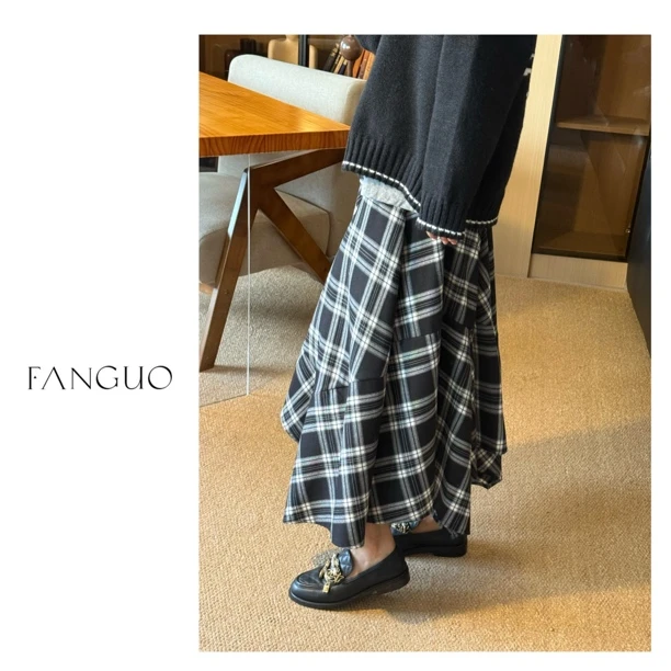 韩国river  巨美！设计感复古百搭不规则拼接格子半身裙女B1517