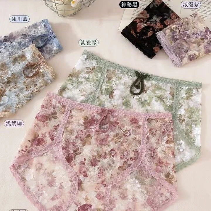 夏季时尚国风花朵元素女士中腰透气舒适大码内裤