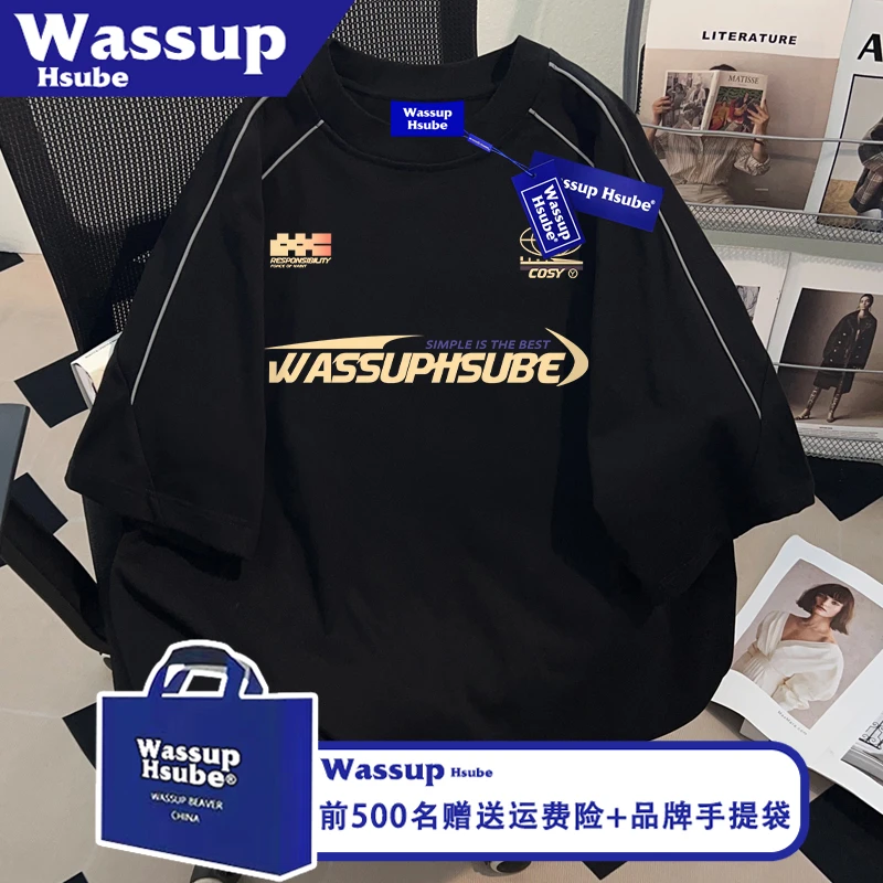 WASSUP HSUBE慵懒ins男女短袖夏纯棉创意印花应季T恤反光夹条上衣