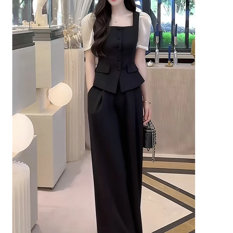 赫本风气质套装女方领短袖收腰上衣阔腿裤两件套轻奢高端女装9077