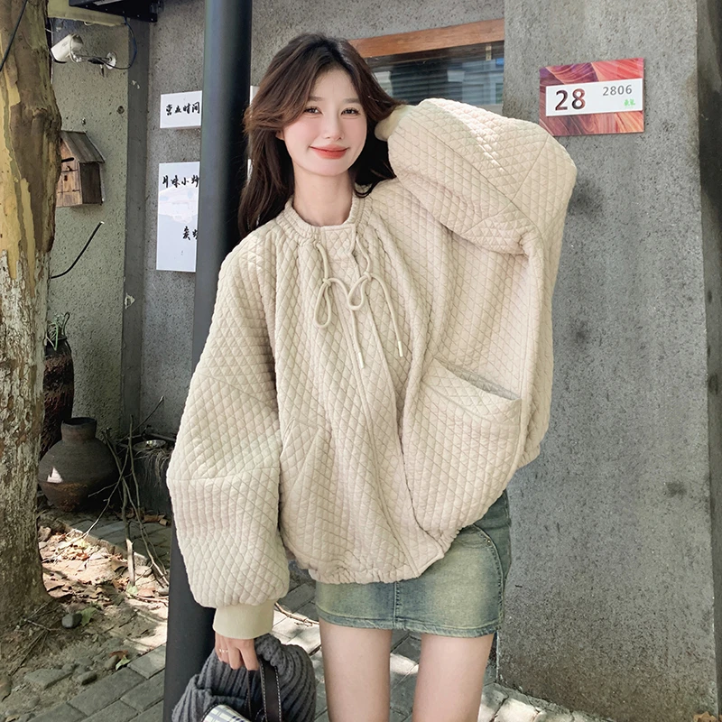 韩系慵懒风卡其色菱格夹棉外套女2025春秋新款韩系时尚松弛感棉服