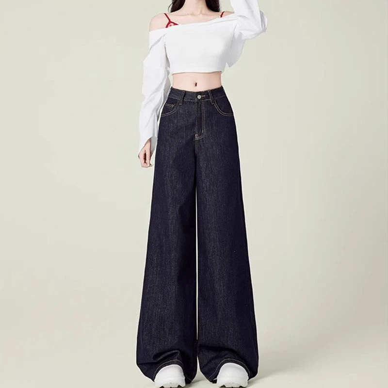 2025新款美式深蓝梨形阔腿牛仔裤女复古高腰宽松垂感拖地裤子