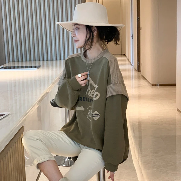 绿色圆领卫衣女士短款宽松大码洋气休闲无帽上衣春秋2024新款欧货