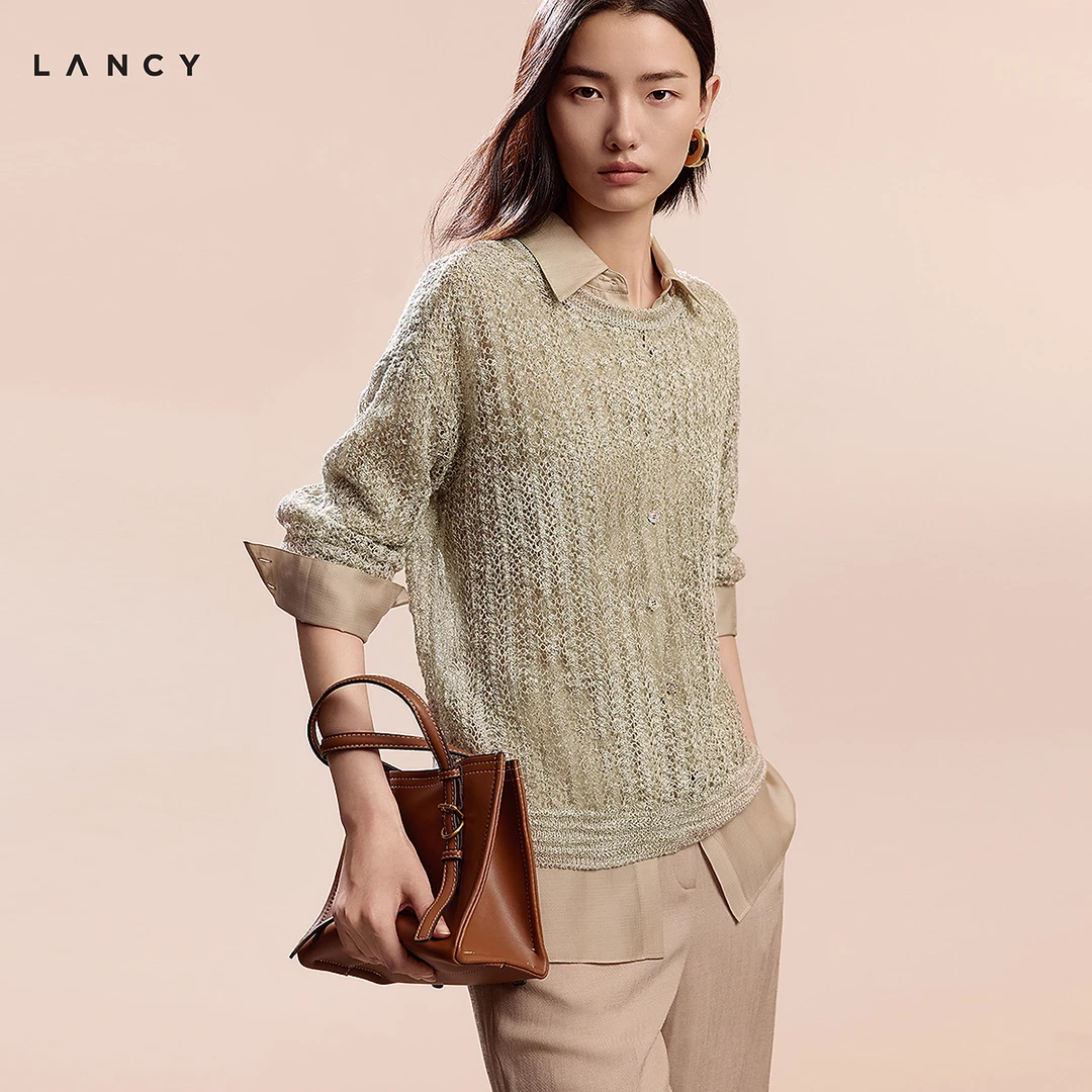 LANCY/朗姿2025夏季新款优雅镂空长袖罩衫透视亚麻针织高端上衣女