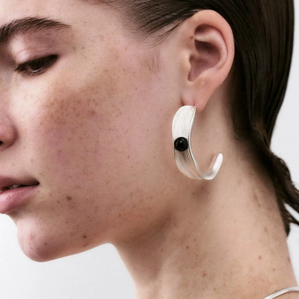 黄铜石英石耳饰 不规则银色C圈黑色石头镶嵌耳环