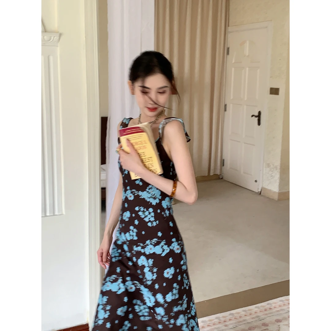 【花城秘境】27306 法式吊带背心印花茶歇中长裙碎花开叉连衣裙