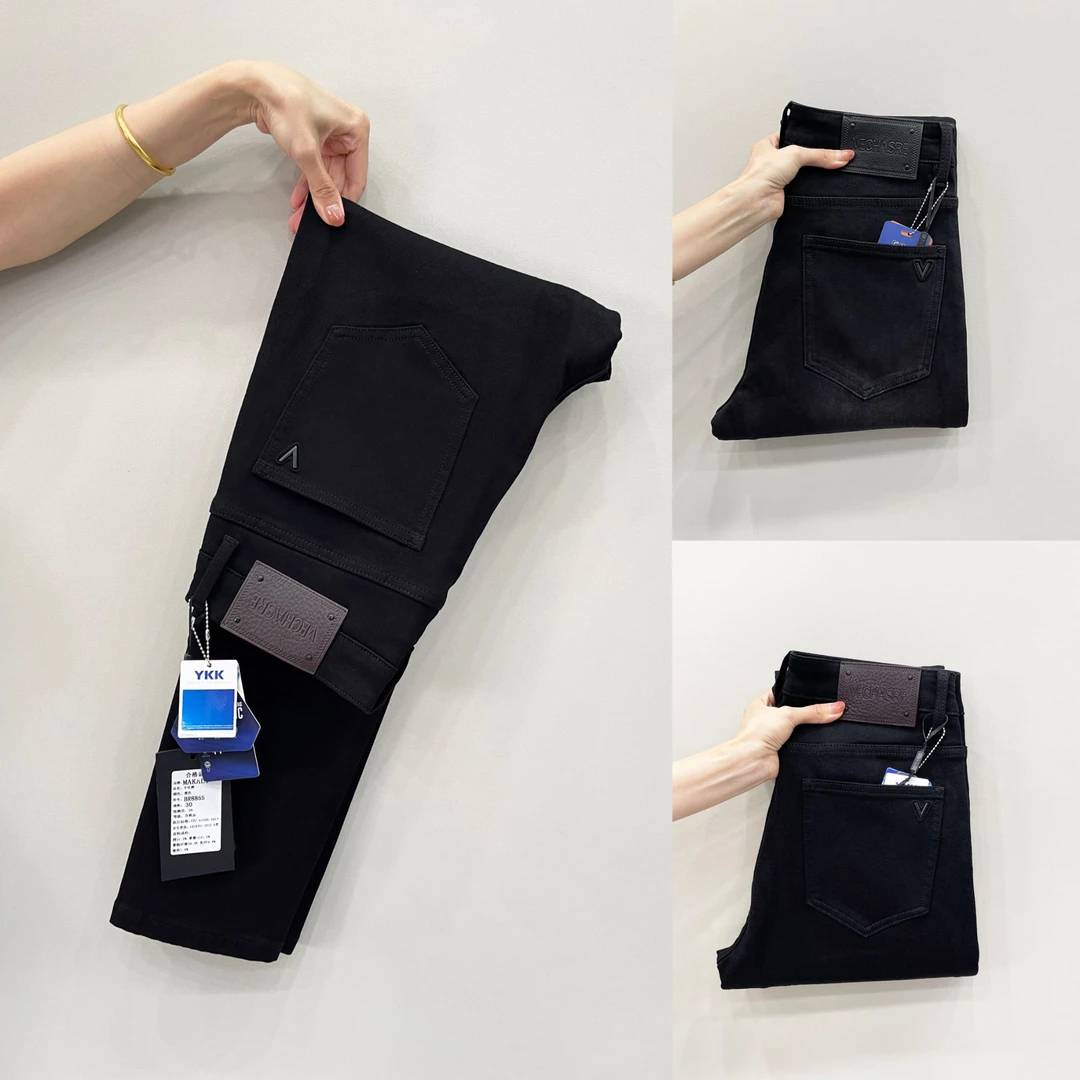 2025《秋冬新款》纯黑防褪色修身弹力商务小裤脚中腰水洗男士牛仔裤