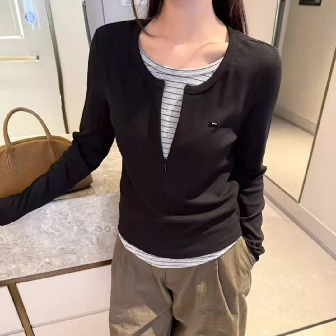百搭修身长袖T恤假两件百搭撞色轻熟风时尚
