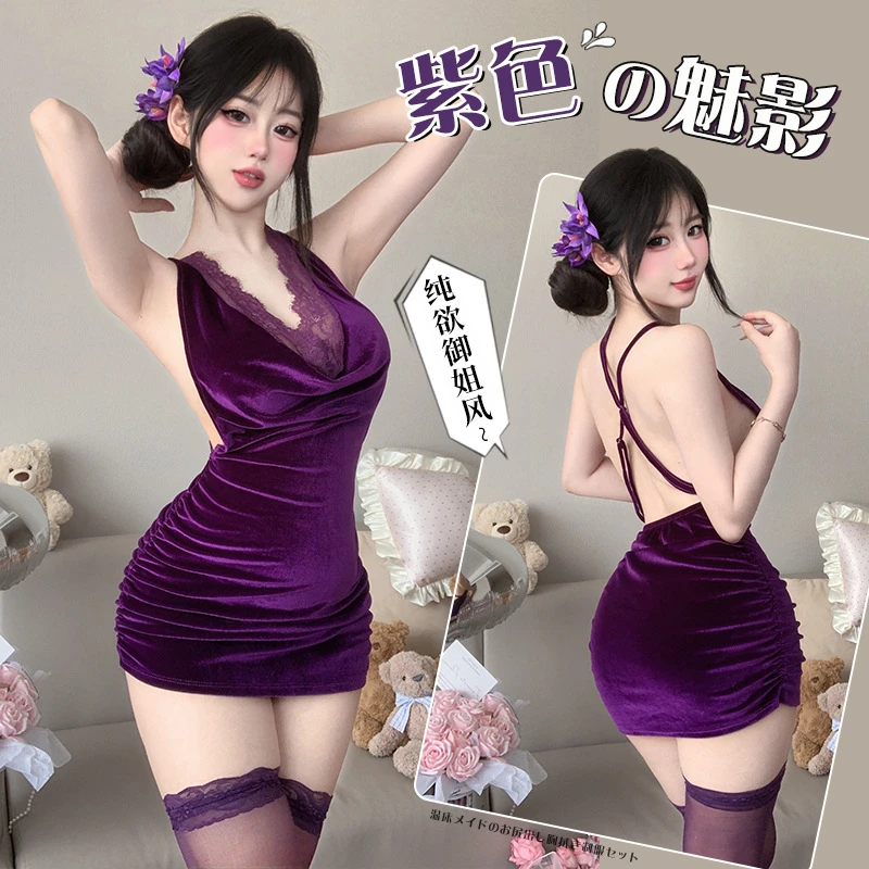 性感内衣惹火蕾丝包臀裙紫色制服纯欲睡衣套装8365