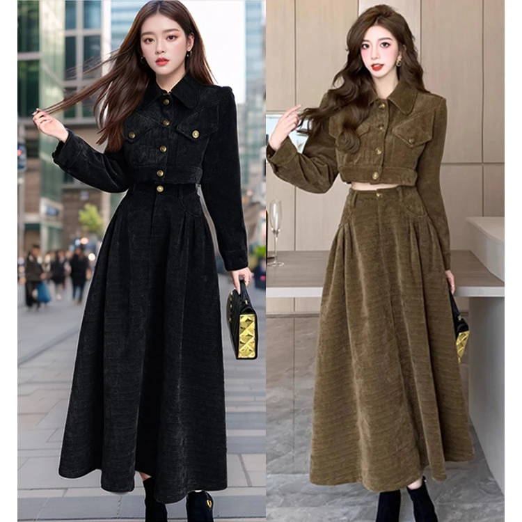 【朵拉】大码美拉德套装女秋冬新款加厚灯芯绒西装外套半身裙两件套