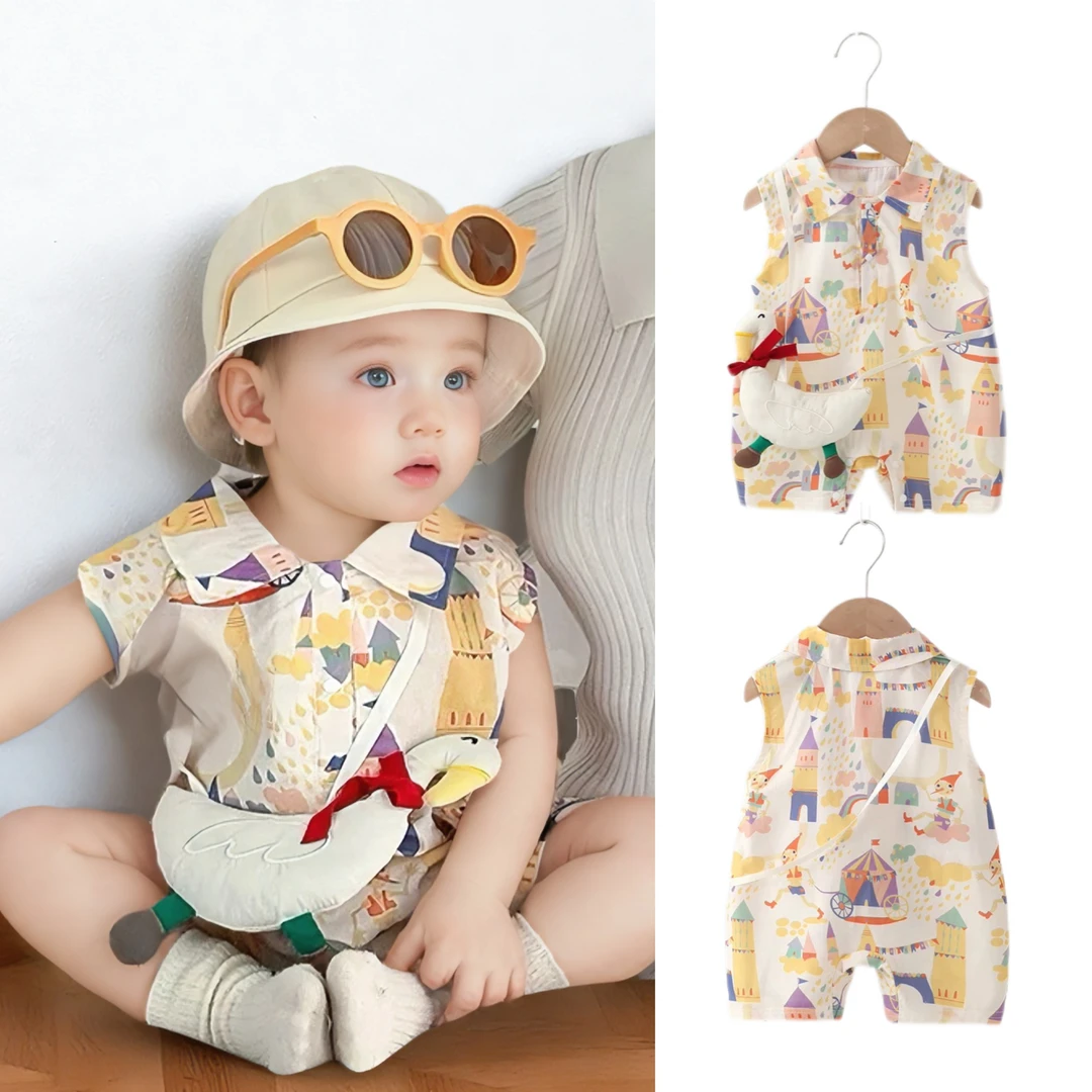 【送挂件】婴儿夏季宝宝连体衣超萌卡通爬服无袖外出服polo领包屁衣