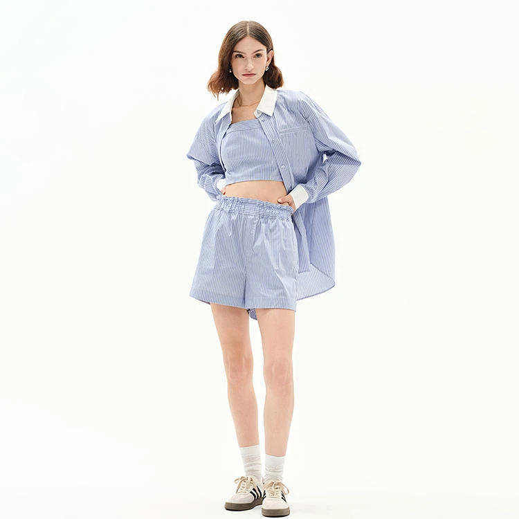 Fabrique Nao 春夏新款蓝白条纹府绸宽松大廓形衬衫与短裤套装